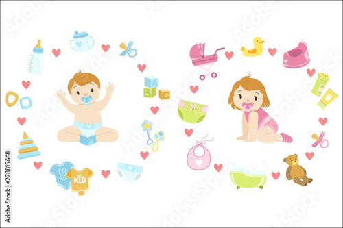 Baby Boy and girl Surrounded With Object It Needs