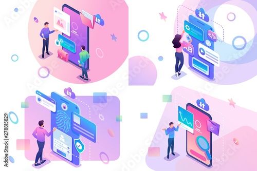 Set isometric concept with young teenagers information search and protection, mobile application development. For website and mobile apps development