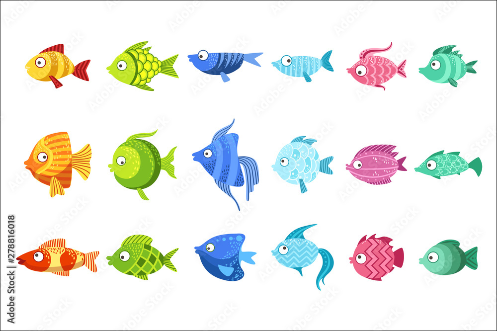 Naklejka premium Colorful Fish Set Of Cute Bright Color Childish Design Vector Illustrations Isolated On White Background.