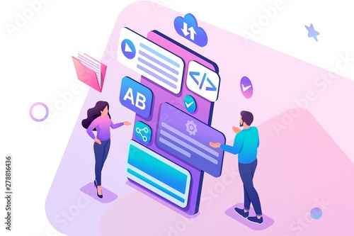 Isometric concept Young girl and boy develop mobile application for smartphone. Concept for web design