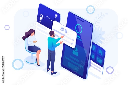 Isometric concept Young People are working with a fitness bracelet management App. Header concept. Concept for web design