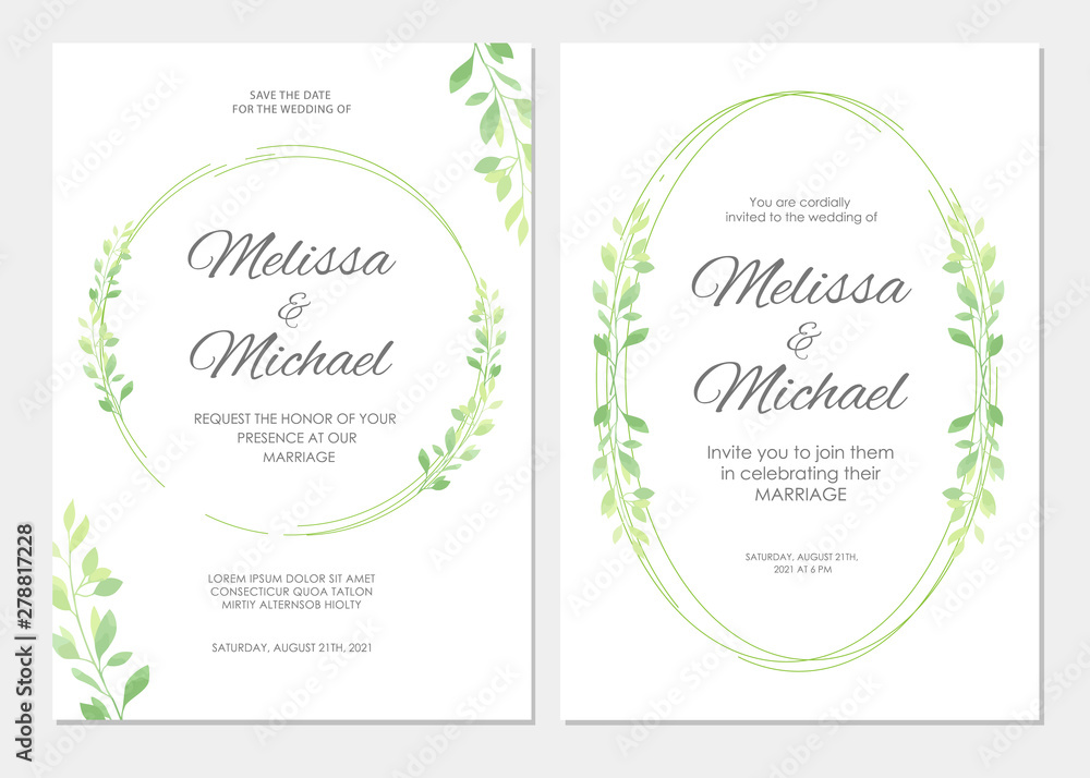 Wedding invitation with green leaves border. Floral invite modern card template set. Vector illustration.