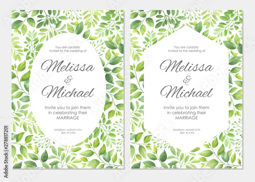 Wedding invitation with green leaves border. Floral invite card template set. Vector illustration.