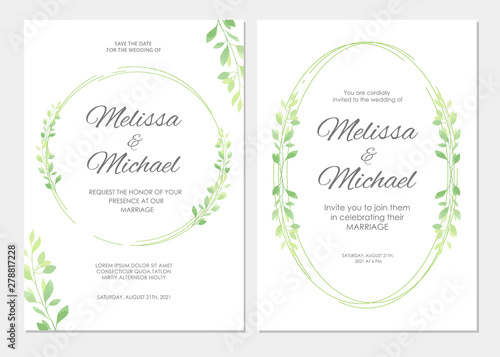 Wedding invitation with green leaves border. Floral invite modern card template set. Vector illustration.