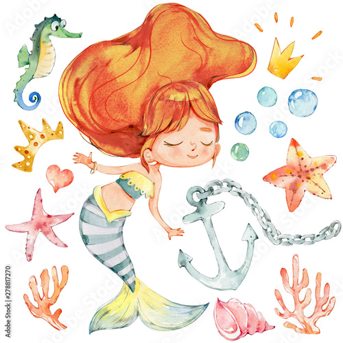 Dekoracja na wymiar  mermaid-watercolor-character-anchor-ocean-set