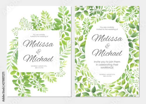 Wedding invitation with green leaves border. Floral invite card template set. Vector illustration.