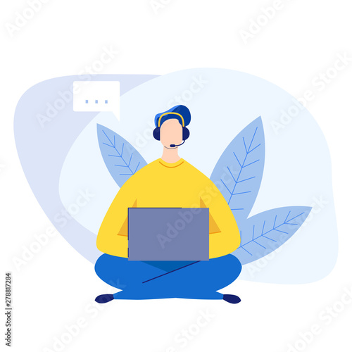 Customer service and operator concept background. Vector character man in flat style with headset consulting a client. Company online technical support