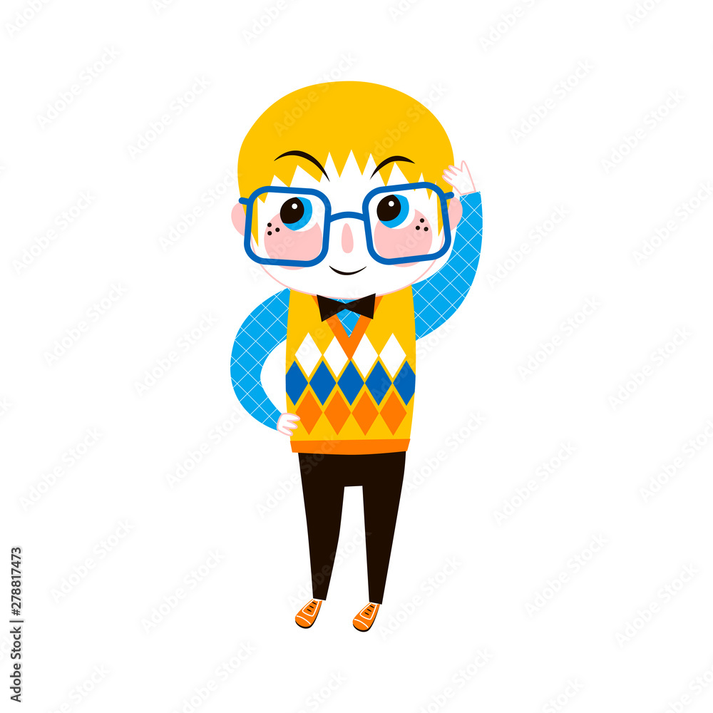Young smart boy in glasses flat vector illustration. Schoolboy standing and  thinking isolated cartoon character on white background. Smiling blonde  schoolkid, nerd at school lesson design element Stock Vector | Adobe Stock