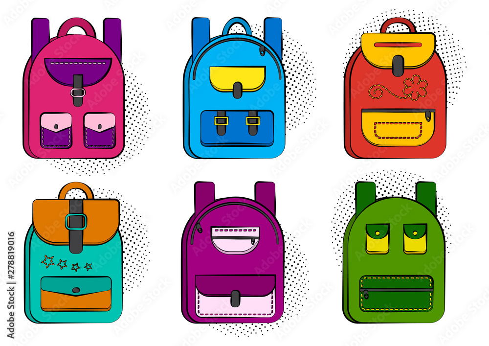 Set of colorful comic school backpacks with halftone shadow in pop art style. Vector illustration Set of colorful comic school backpacks with halftone shadow in pop art style. Vector illustration