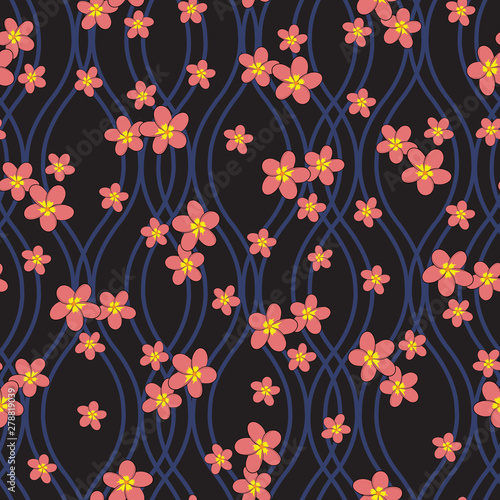 raster illustration. plumeria flowers on dark blue wavy mesh with black background.