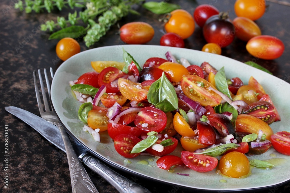 cherry tomato salad with basil and red onion, large sea salt and olive oil cherry tomato salad with basil and red onion, large sea salt and olive oil
