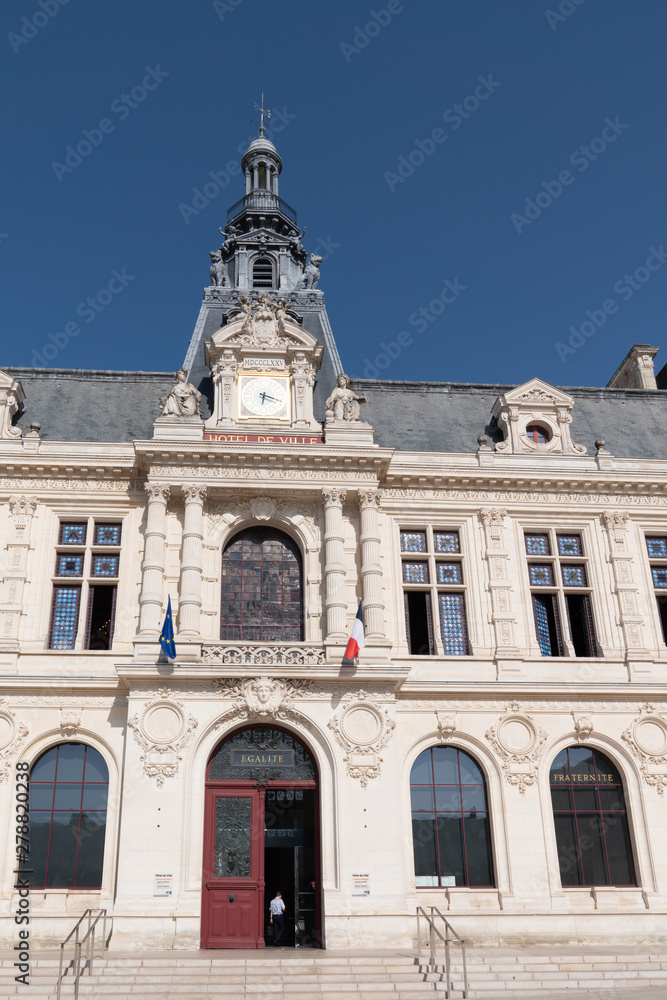 poitiers details facade city hall in Place Marechal Leclerc Poitiers on blue sky