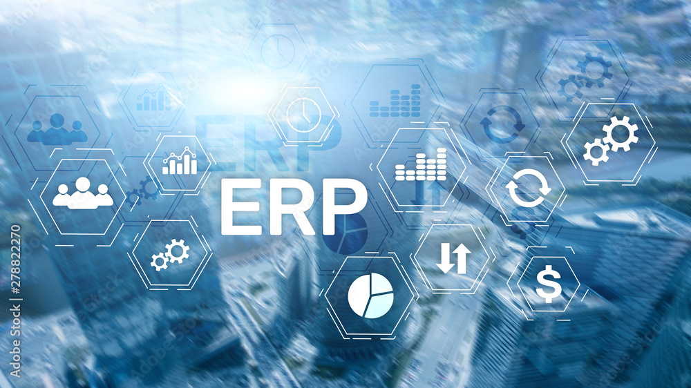 Obraz premium ERP system, Enterprise resource planning on blurred background. Business automation and innovation concept