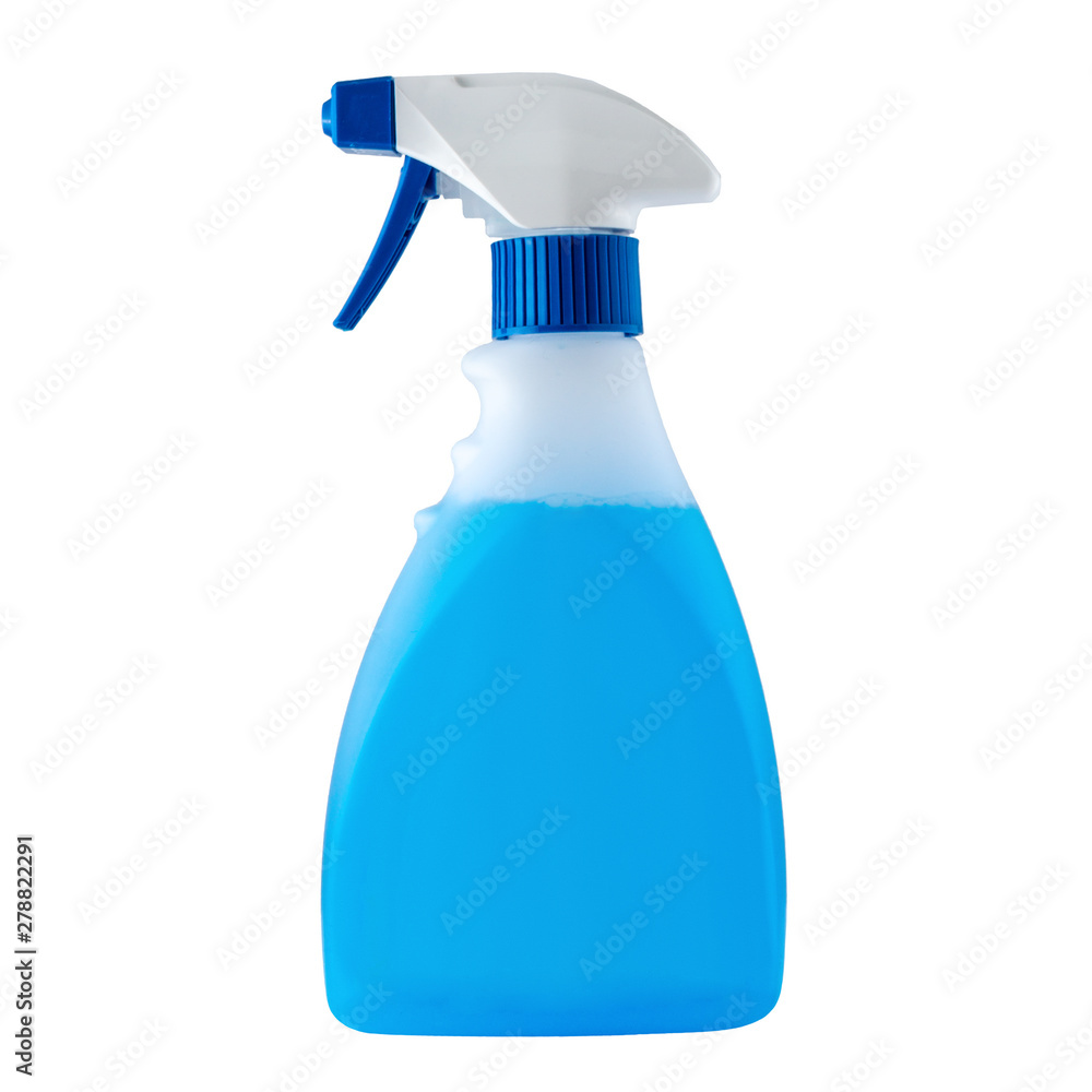Transparent matte plastic bottle with bright blue liquid and dispenser isolated on white background Transparent matte plastic bottle with bright blue liquid and dispenser isolated on white background