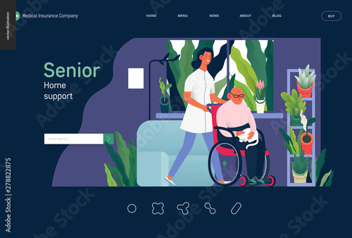 Medical insurance - senior home support - modern flat vector concept digital illustration -a nurse rolling a wheel chair with a senior patient at his home. Home medical service, part of insurance plan