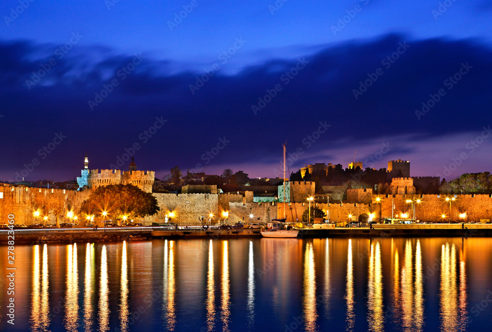 RHODES ISLAND, GREECE. The seaside walls of the Medieval town of Rhodes (World Heritage site by UNESCO) , at Sahtouri coast, Rhodes island, Dodecanese, Greece 