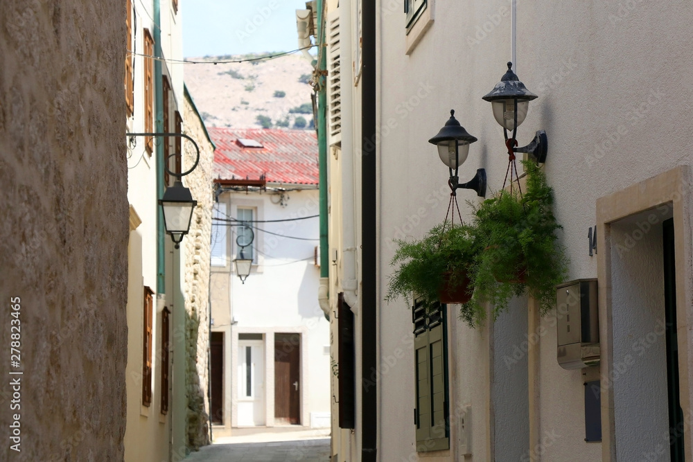 Picturesque narrow streets of town Pag, on island Pag, Croatia.
