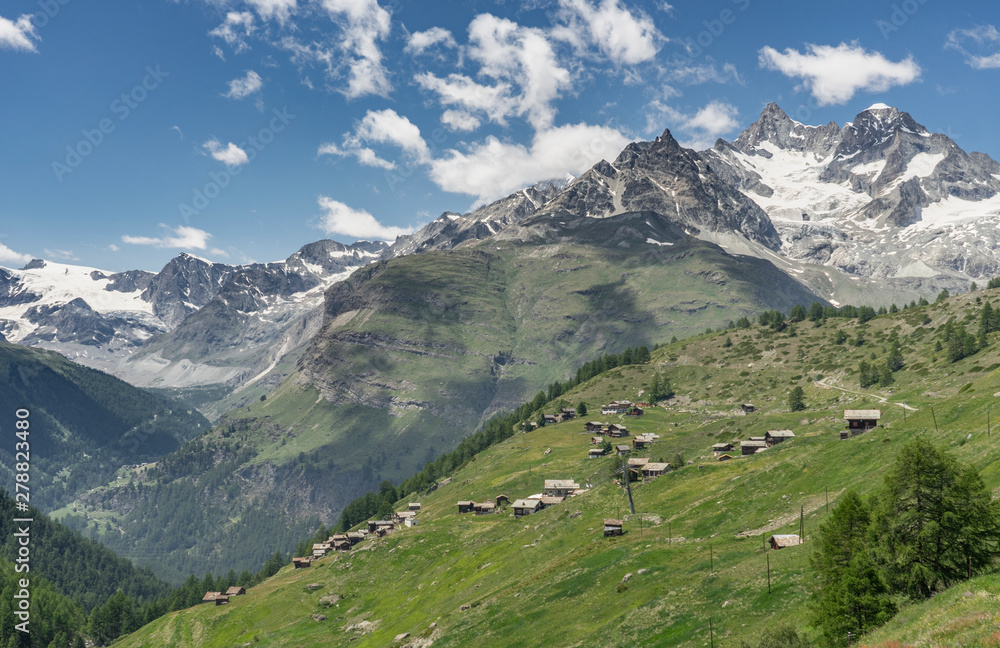 traditional wooden houses in the village of Findeln, high above of Zermatt, Vallais,Wallis, Switzerland, famous Mount Matterhorn in the background