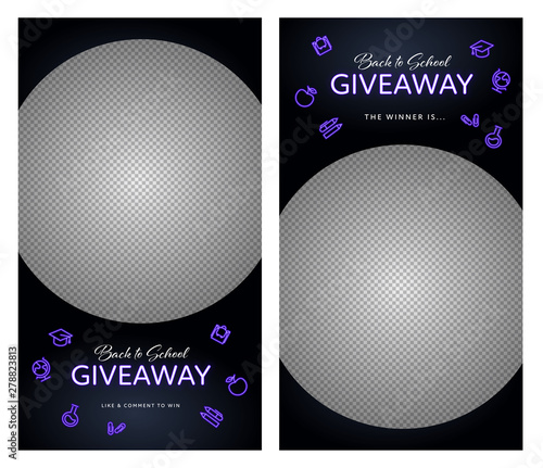 Vector social media story neon template. Back to school theme. Circle photo frame, glowing purple icon set with illuminated text on black background. Design for post, promotion giveaways.