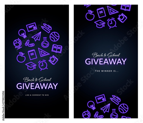 Vector social media story neon template. Back to school theme. Circle of glowing purple education icon set with bulb light text on black background. Design for post, promotion giveaways.