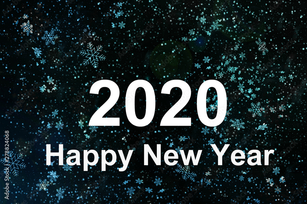 The inscription 2020 on a black background with snowflakes. New year 2020. New year background, copy space.