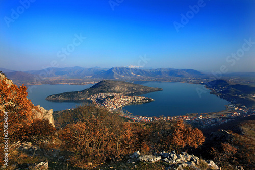 KASTORIA TOWN, GREECE. Panoramic view of Kastoria town and Orestiada (or "Orestias") lake, Macedonia.