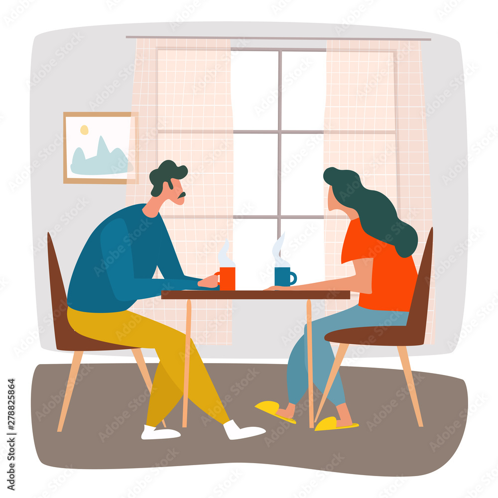 Man and woman are drinking hot drinks and spending their family time at home. Vector cartoon flat illustration. Man and woman are drinking hot drinks and spending their family time at home. Vector cartoon flat illustration.