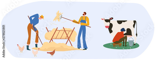 Set of farmers or agricultural workers are working on the farm with domestic animals. The milkmaid is milking the cow and men gathering hay near some chickens. Vector illustration.