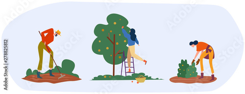 Set of farmers or agricultural workers are working on the farm. People are working on the garden collecting apples and growing vegetables. Vector illustration.
