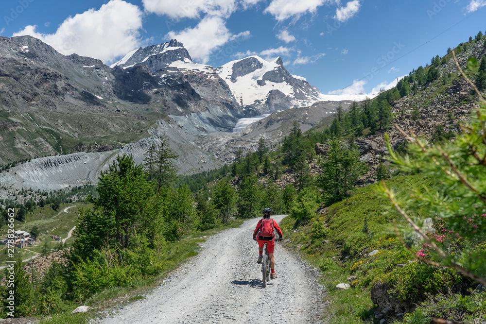 active senior woman, riding her electric mountain bike below the Gornergrat in Zermat, Canton Valais, Switzerland, in The background Rimpfischhorn and Strahlhorn