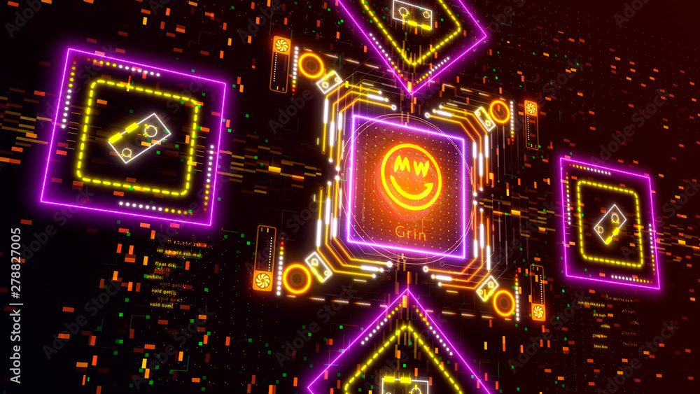 Obraz premium Mining Grin cryptocurrency. Finance and business. Glow neon lights, blur