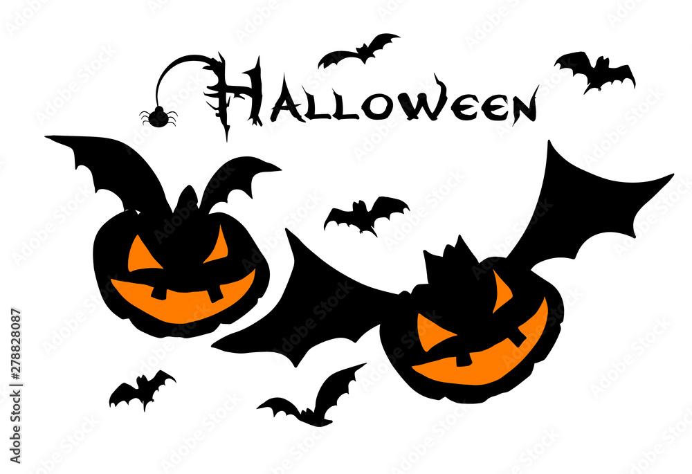 Happy Halloween! Scary pumpkin and bats. Vector
