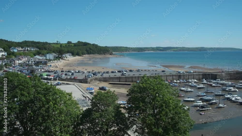 Panning overview of boats and harbour at Saundersfoot Pembrokeshire Wales Panning overview of boats and harbour at Saundersfoot Pembrokeshire Wales