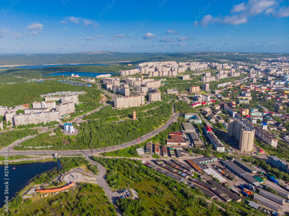 Murmansk, Russia - July 1, 2019: Aerial view panorama of city holiday park with Semonovskoye lake