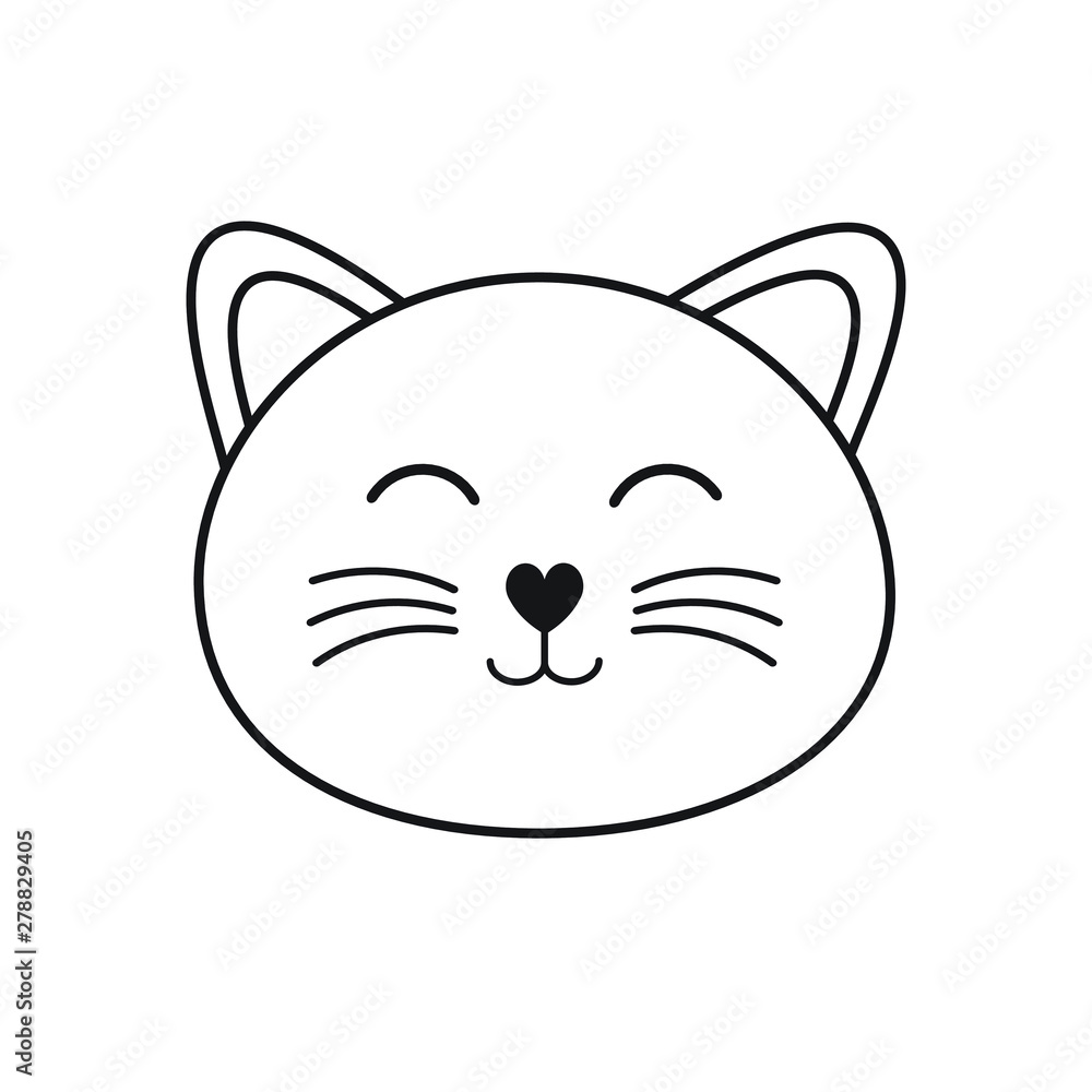 Vector flat cartoon kawaii black line cat kitten face isolated on white  background Stock Vector | Adobe Stock
