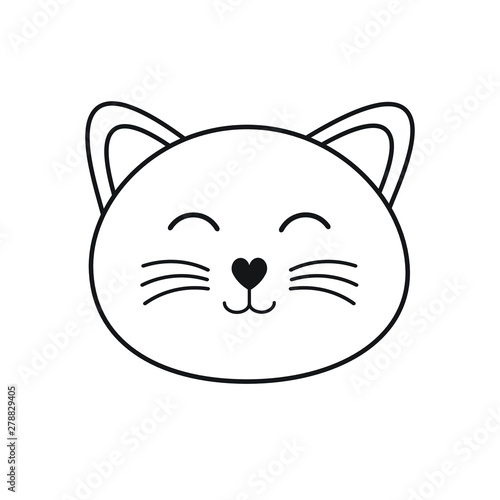 Vector flat cartoon kawaii black line cat kitten face isolated on white background 