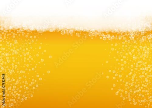 Lager beer. Background with craft splash. Oktoberfest foam. restaurant banner template. Shiny pint of ale with realistic white bubbles. Cool liquid drink for Golden bottle with lager beer.