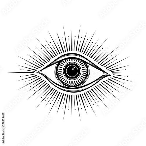 All seeing eye symbol. Vision of Providence. Alchemy, religion, spirituality, occultism, tattoo art. Isolated vector illustration. Conspiracy theory. Decorative drawing style. Priint logo