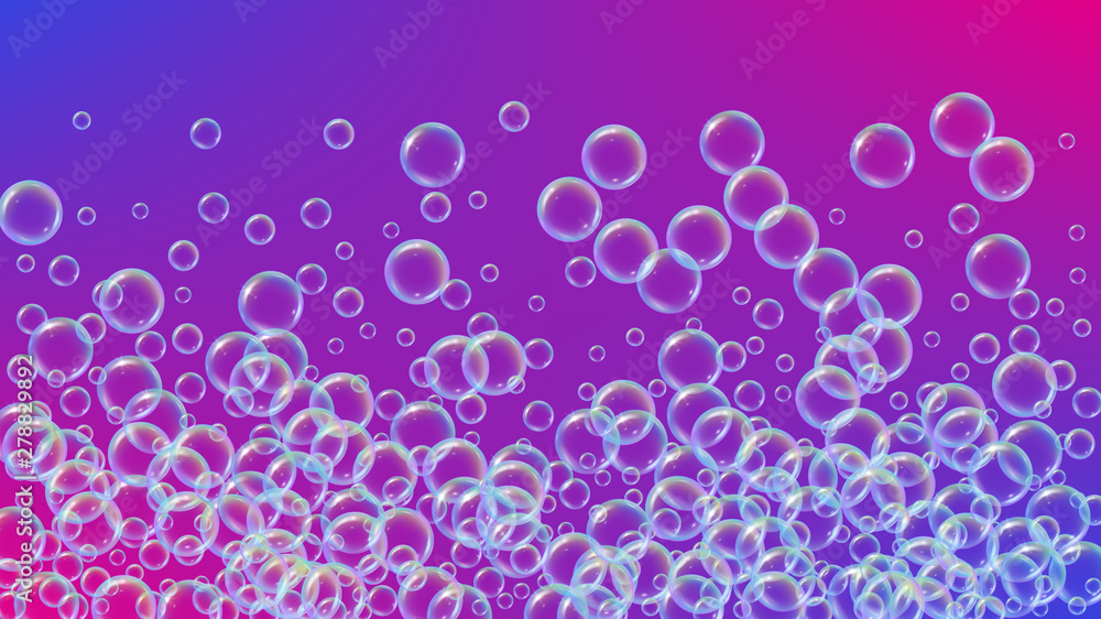 Bathtub foam. Detergent soap bubble and suds for bath. Shampoo. 3d vector illustration layout. Creative fizz and splash. Realistic water frame and border. Purple colorful liquid bathtub foam. Bathtub foam. Detergent soap bubble and suds for bath. Shampoo. 3d vector illustration layout. Creative fizz and splash. Realistic water frame and border. Purple colorful liquid bathtub foam.