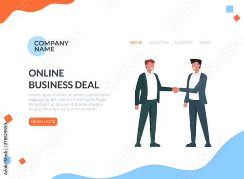 Two businessman shaking hands. Vector flat cartoon graphic design banner poster illustration