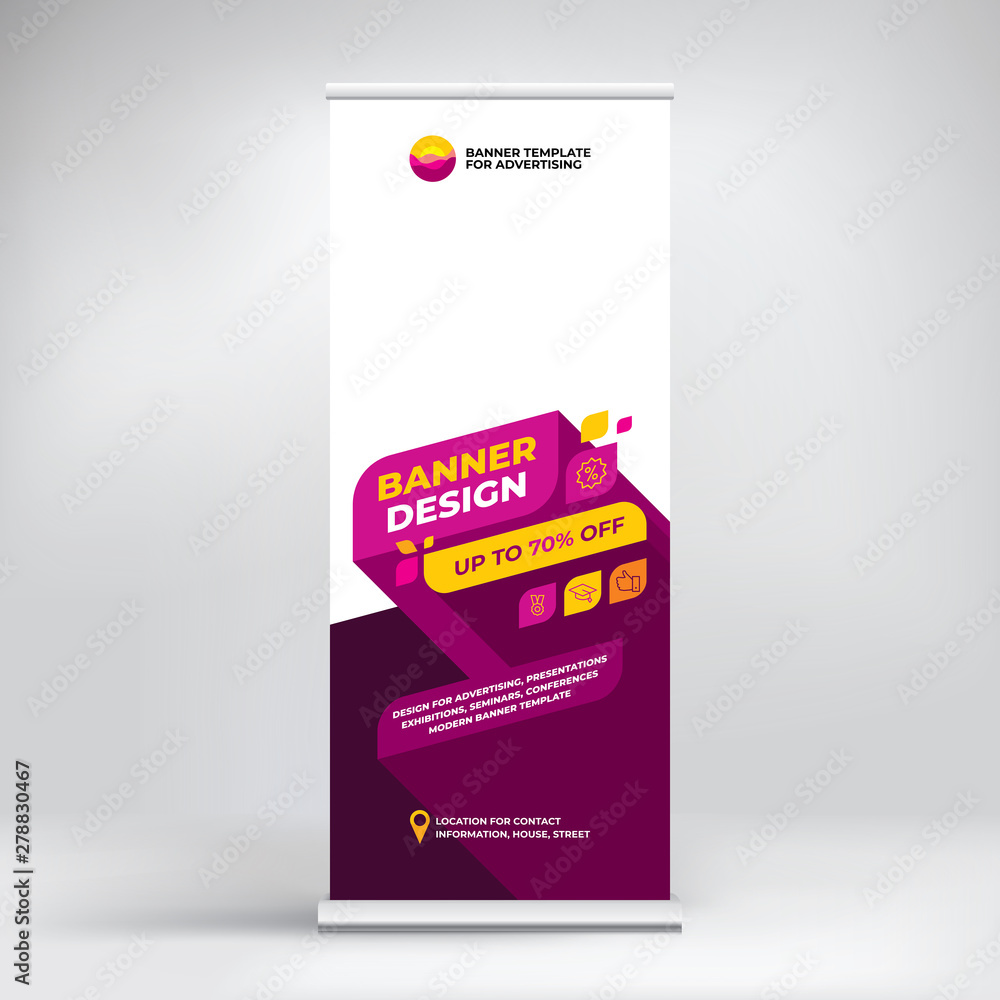 Banner design, roll-up stand for advertising, conferences, seminars, poster template for placing photos and text. Creative background for presentation Banner design, roll-up stand for advertising, conferences, seminars, poster template for placing photos and text. Creative background for presentation