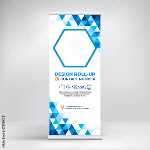 Banner design, roll-up stand for advertising, conferences, seminars, poster template for placing photos and text. Creative background for presentation	