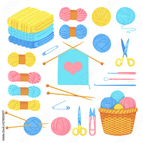 Knitting tools and wool yarn set, isolated on white background. Vector craft and handmade needlework design elements