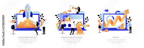 Project promotion, marketing strategy concept. Business team launch startup, promotes, get profit. Vector illustration