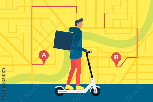 Delivery young male courier riding electric scooter with package product box. Fast shipping service concept on city street map plan with GPS pins and navigation route. Vector illustration