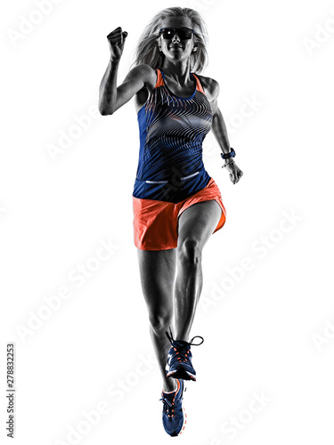 one caucasian beautiful long blond hair woman runner jogger jogging running studio shot isolated on white background
