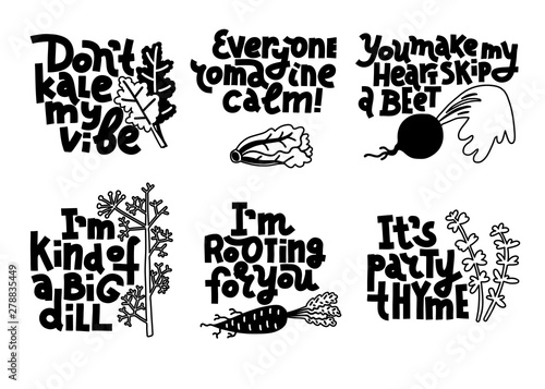 Set of plant jokes about vegetables and herbs, monochrome