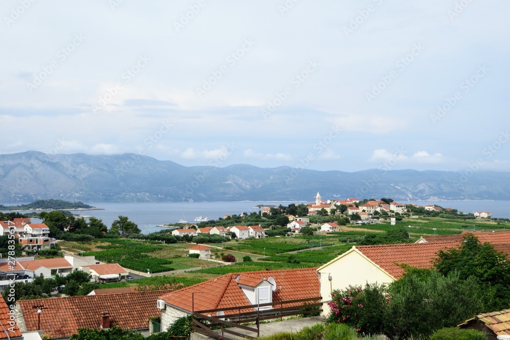 A view an old croatian village and sprawling wine vineyard growing the local grk grapes with the small town of Lumbarda in the background, on Korcula island in Croatia.