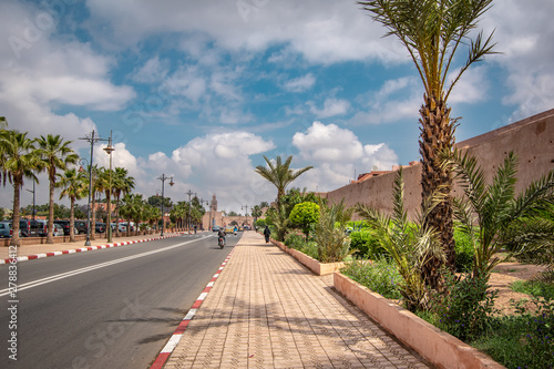 Landscape view of the street outside of city wall. Marrakech, Morocco