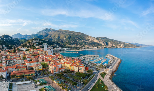 Panorama of Menton  Cote d Azur  France  South Europe. Nice city and luxury resort of French riviera. Famous tourist destination with nice beach on Mediterranean sea